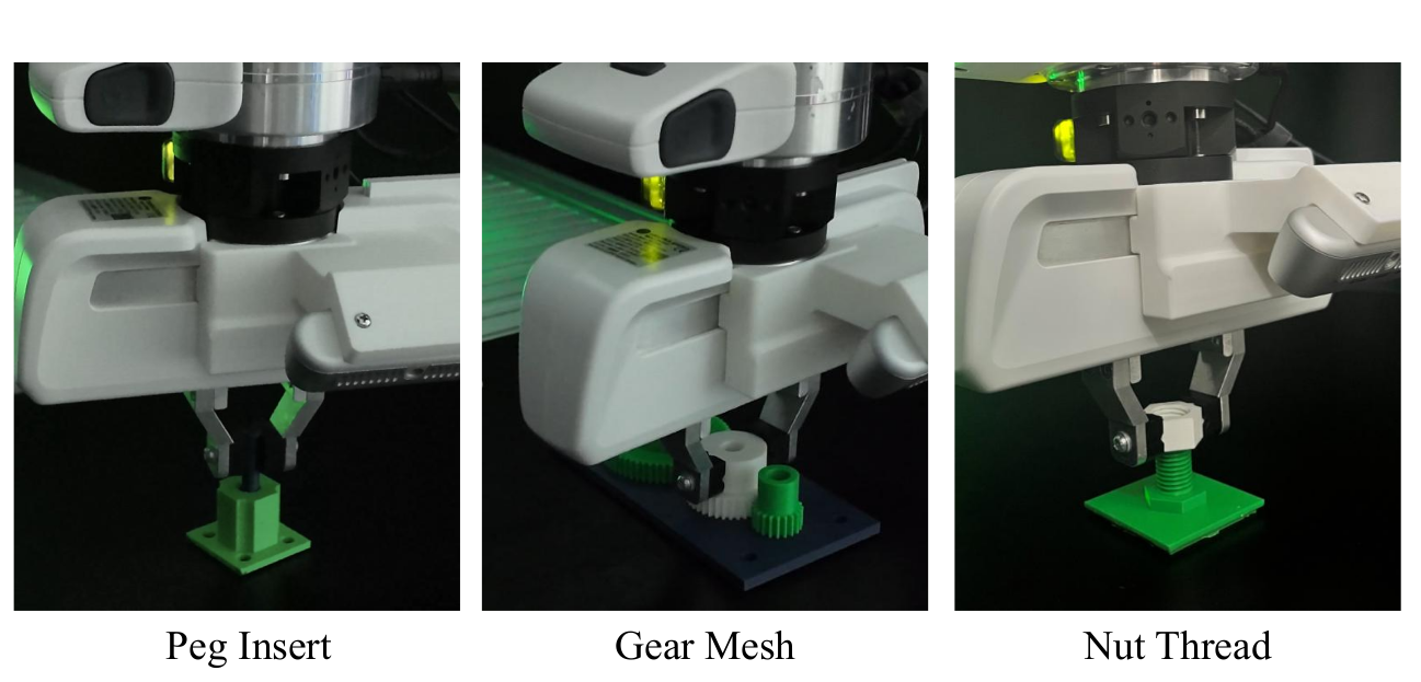 Real-robot execution snapshots of Peg Insert, Gear Mesh, and Nut Thread
