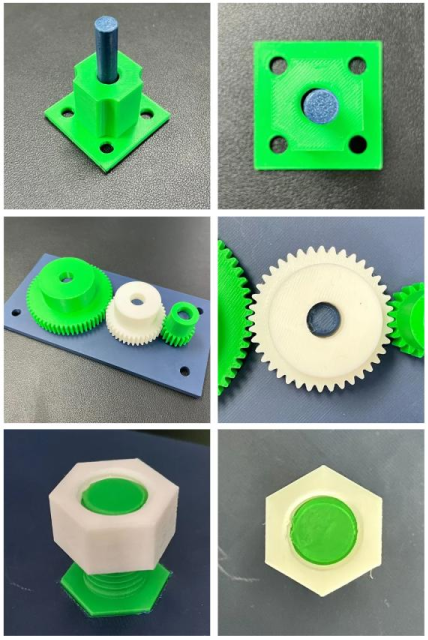 3D-printed parts for Peg Insert, Gear Mesh, and Nut Thread
